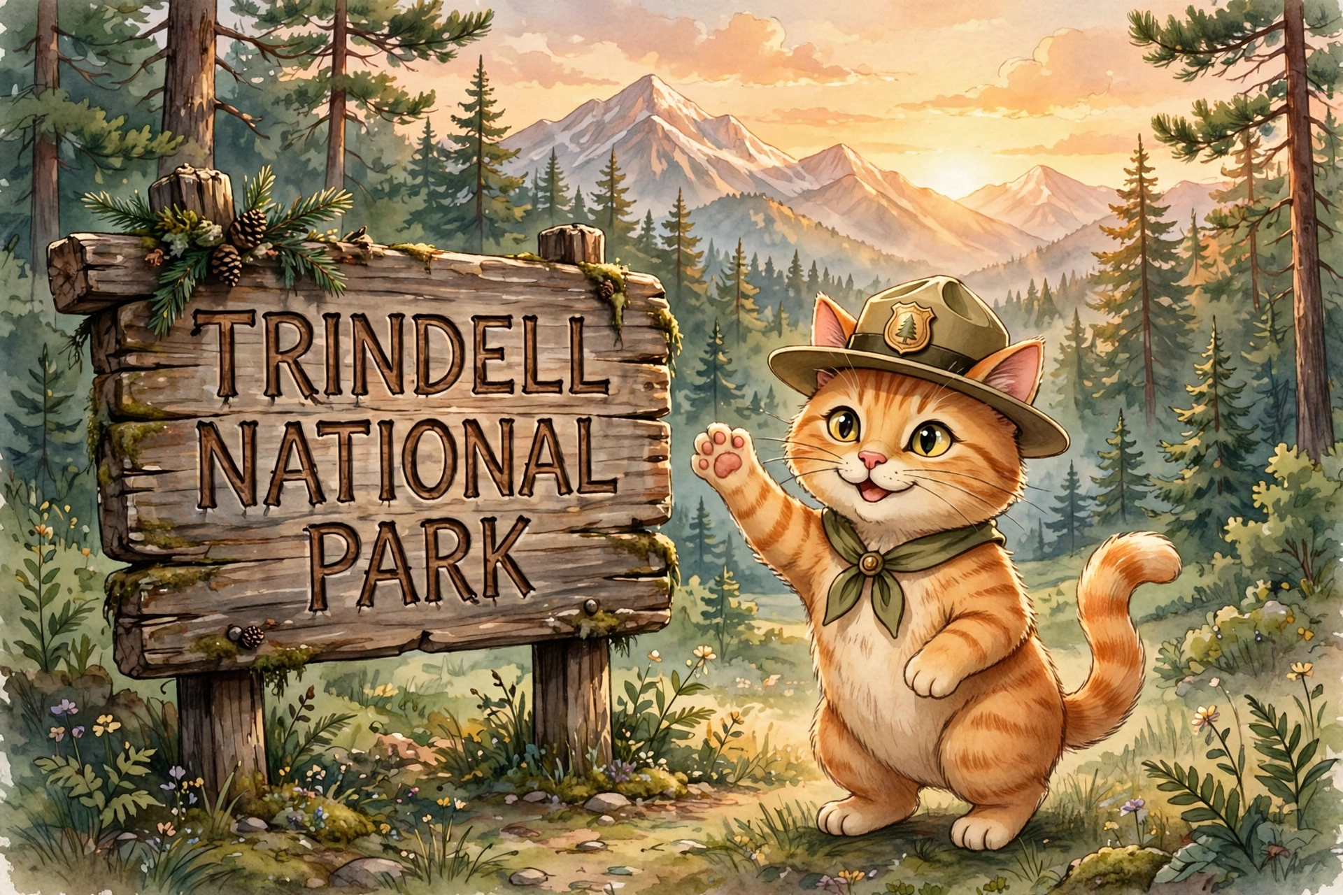Trindell National Park entrance sign with Ranger Biscuit waving
